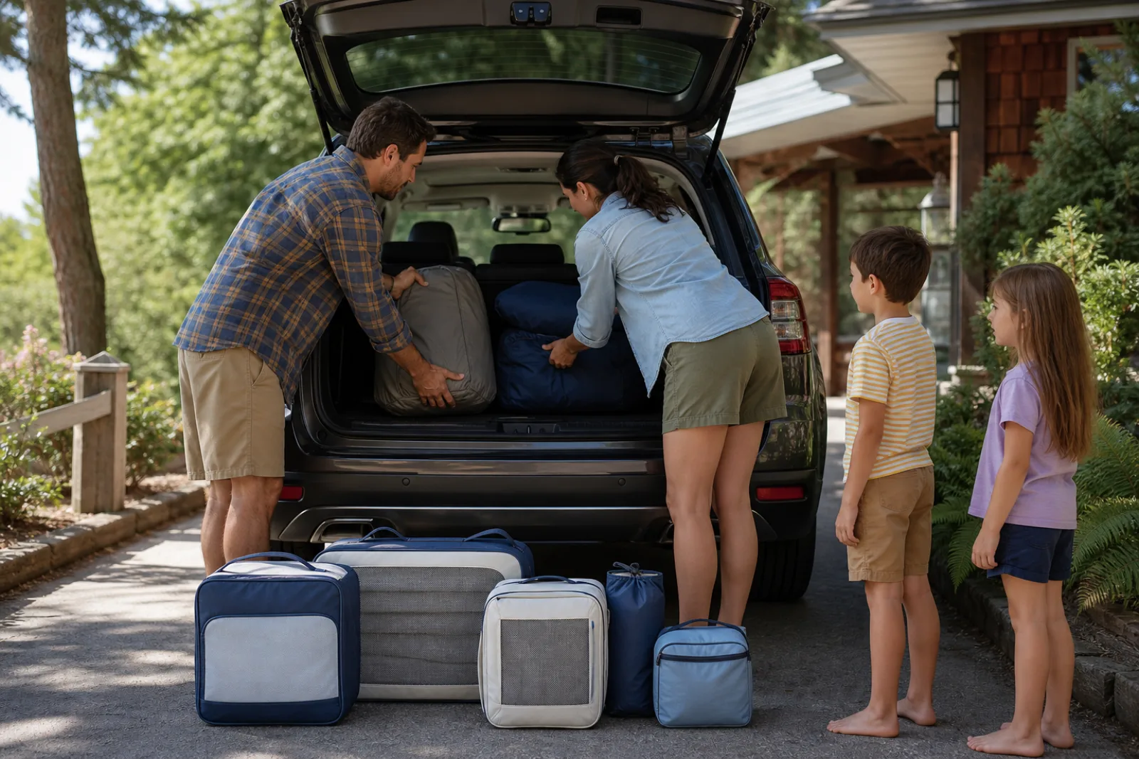 Parents load soft camping modules while two children wait safely beside the car.