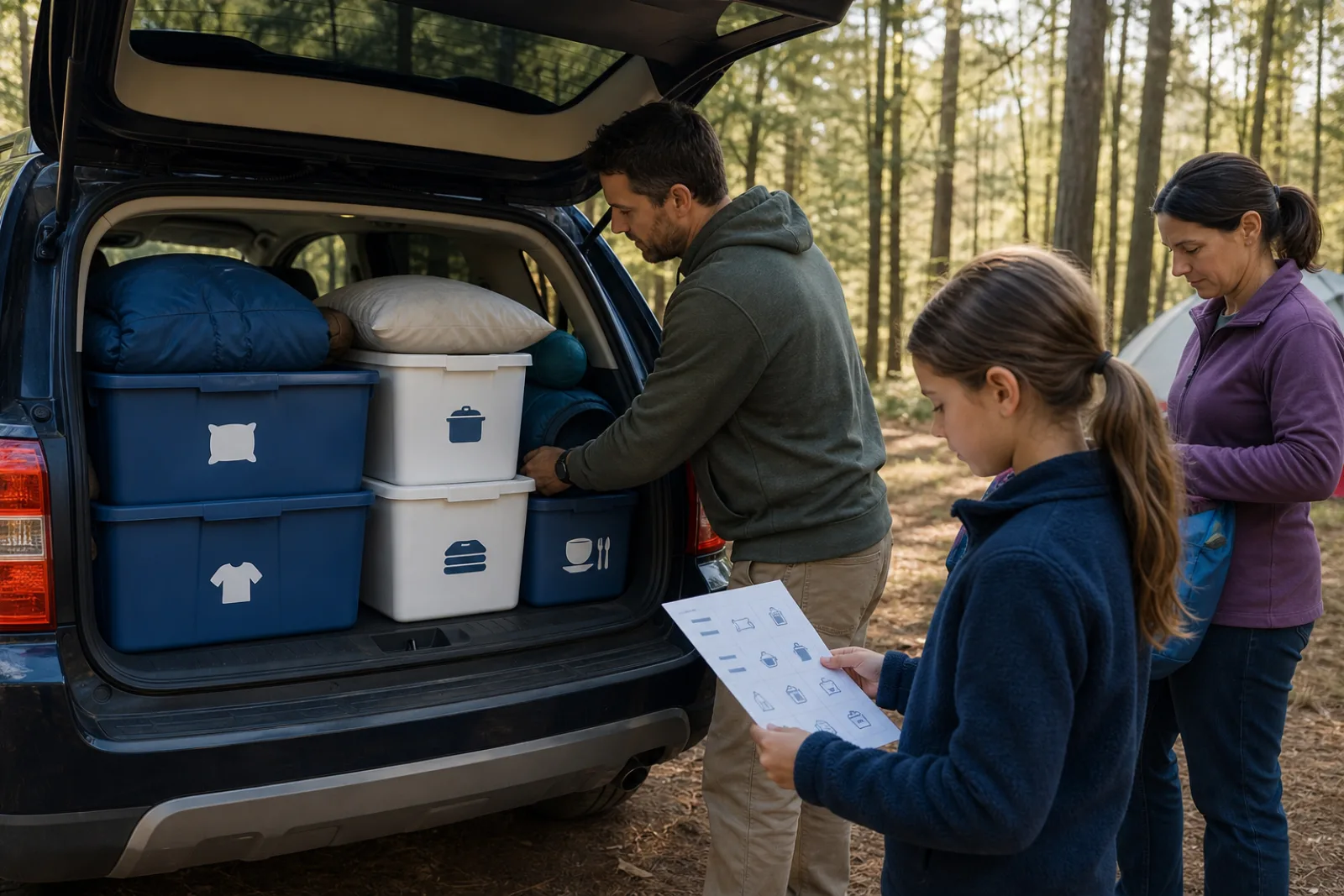 A family loads organized camping bins into an open car trunk.