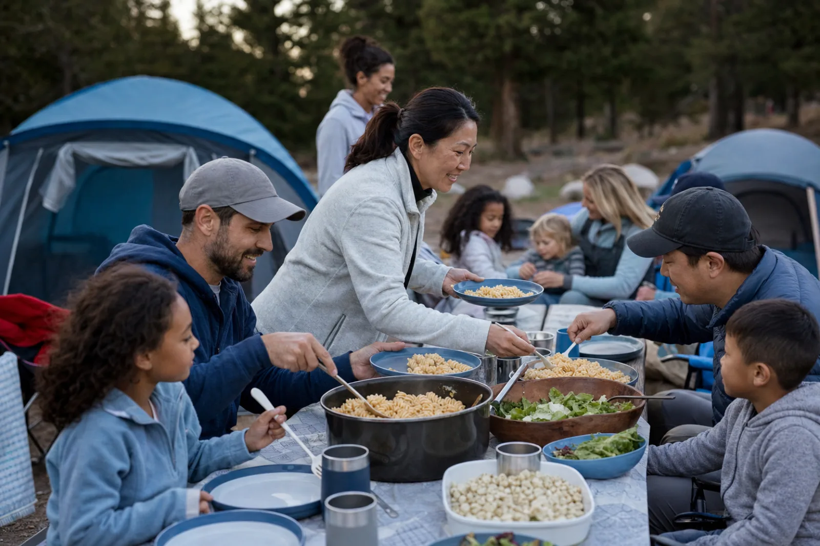 Several families share pasta and salad at a campground table.