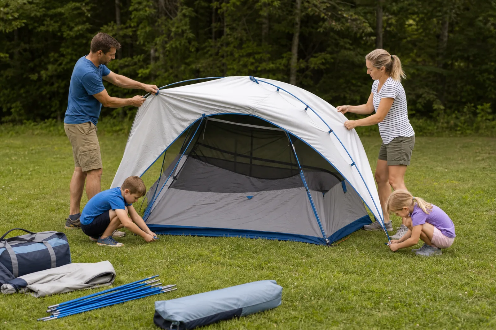 Parents lead two children through a daylight practice tent pitch.