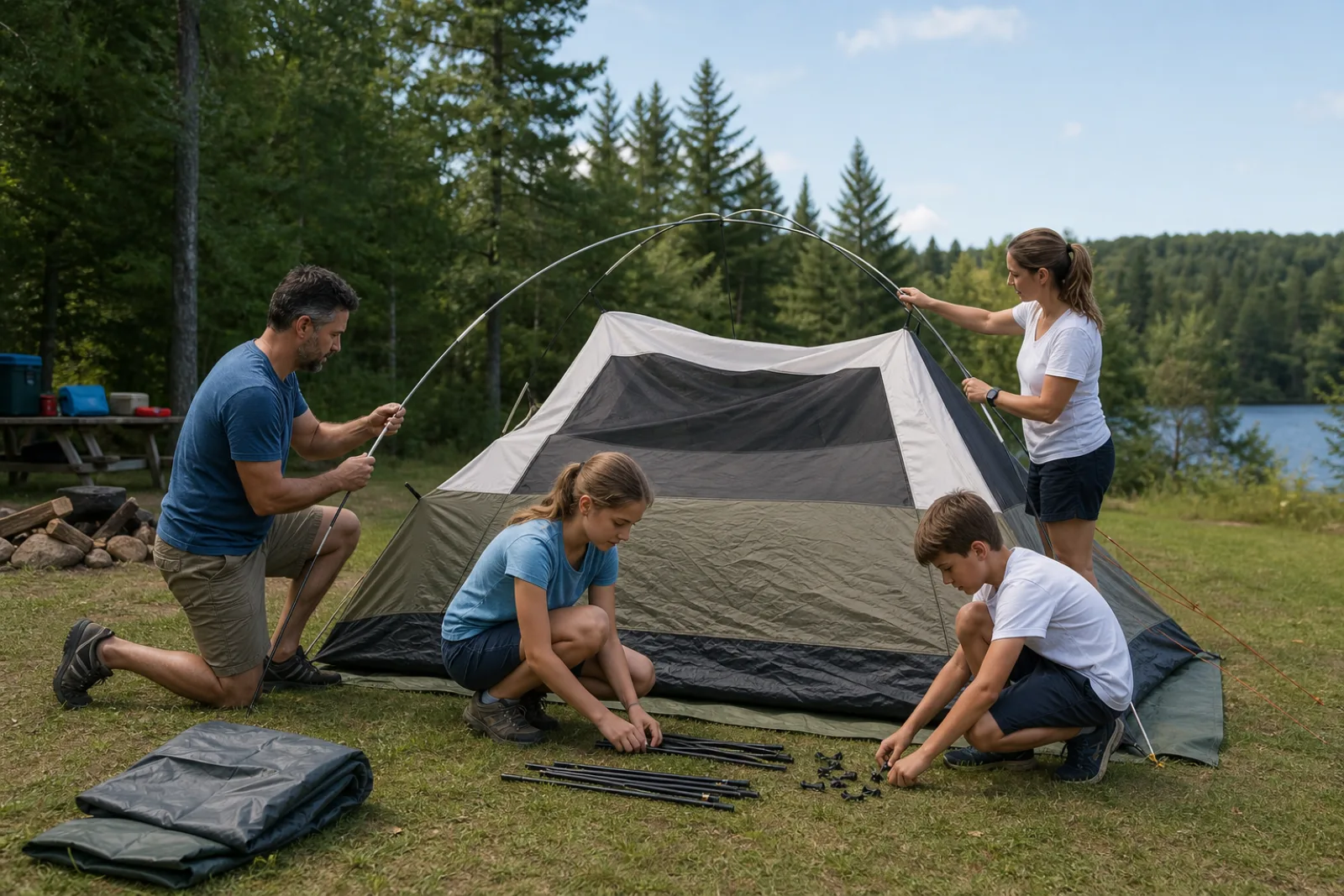 A family sorts poles and raises a tent together on level grass.