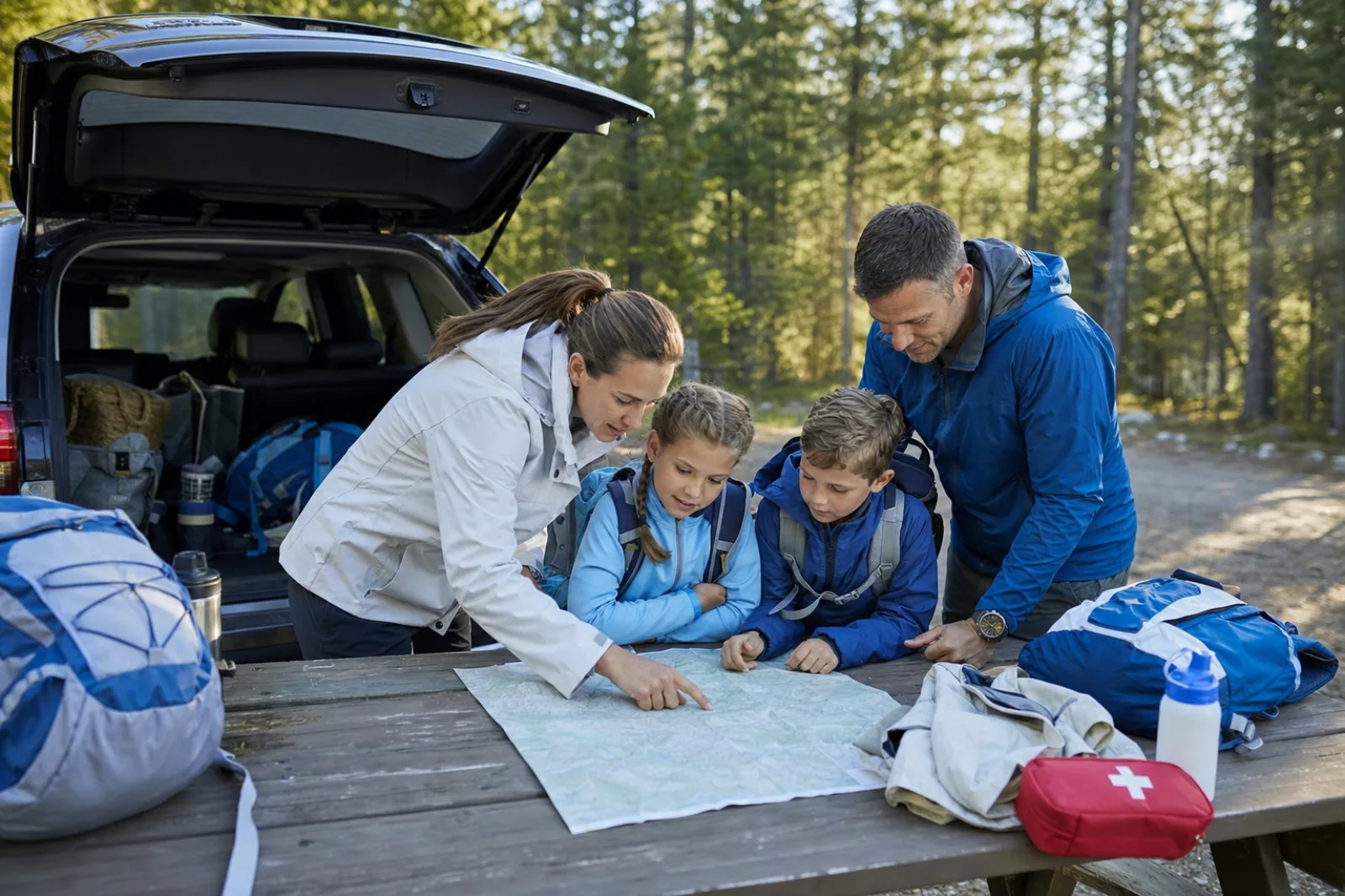 Parents and two children review a trail map beside organized daypacks.