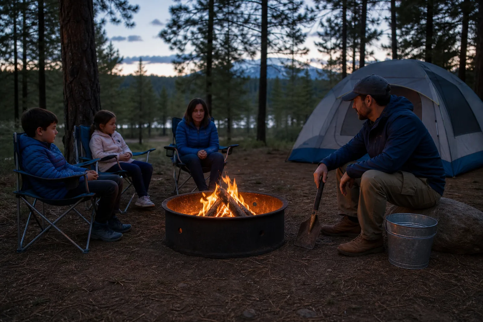 An adult watches a small ringed campfire with water ready as children sit well back.