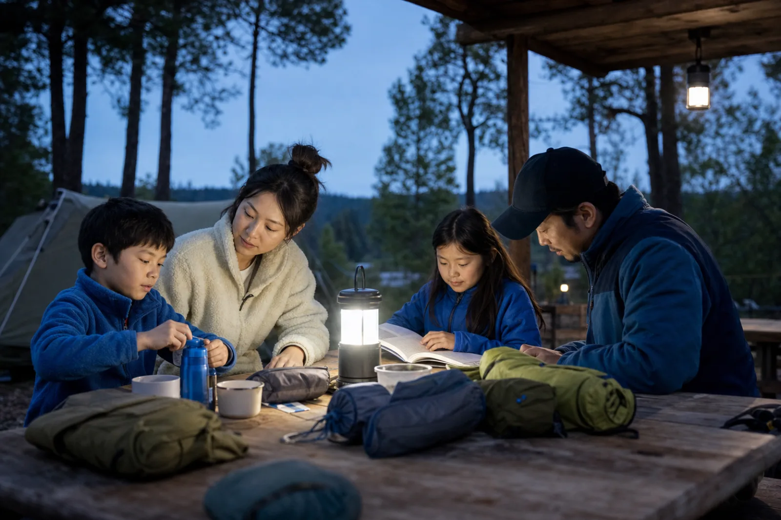 A family gathers around a picnic table lit by a cool LED lantern after dusk.