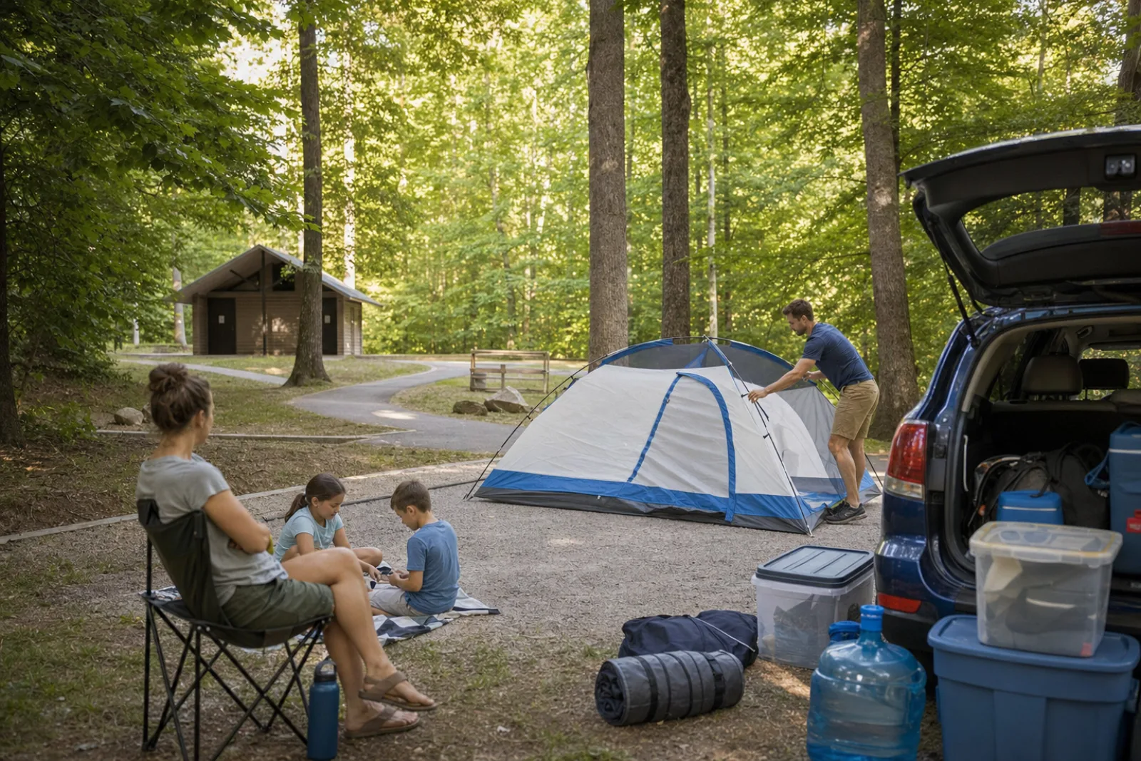 One parent pitches the tent while another supervises children at camp.