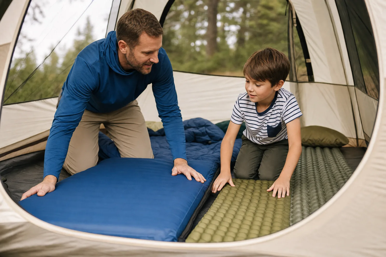 A parent and child compare two sleeping pads on the floor of their tent.