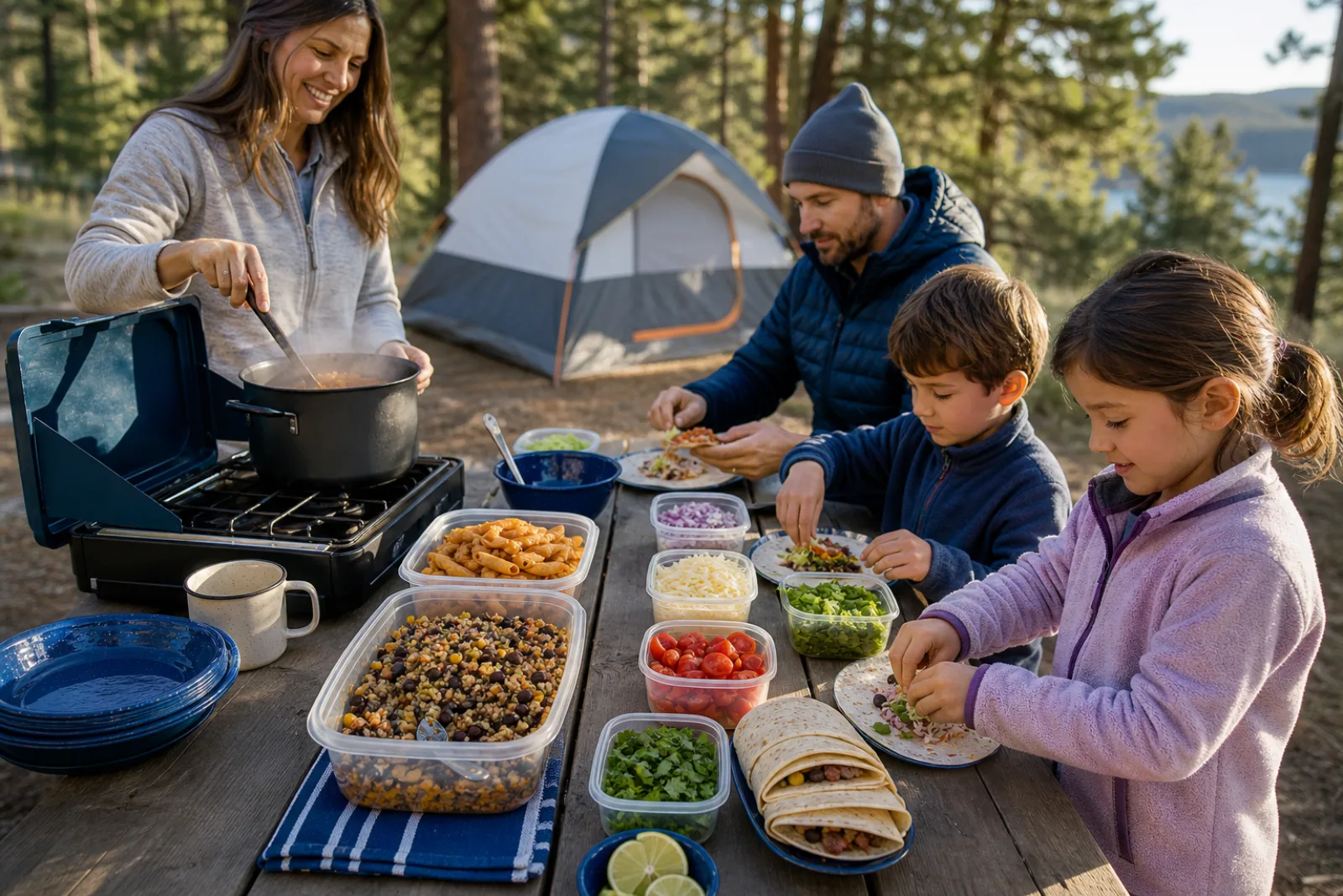 A family assembles pasta, grain bowls, and filled tortillas at a campsite table.