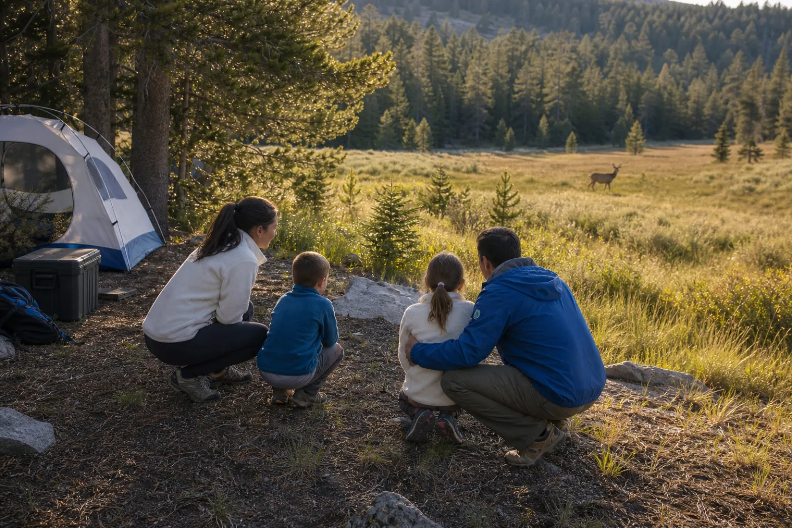 A family watches wildlife from a respectful distance at the edge of a meadow.