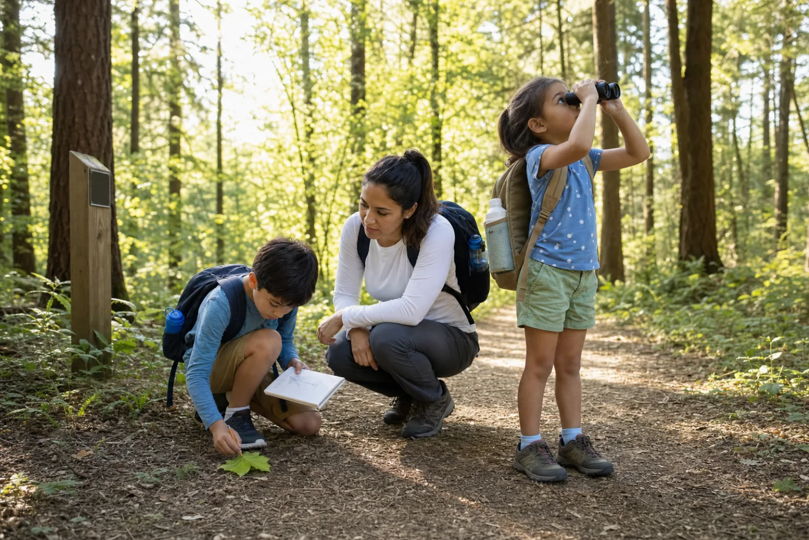 A parent supervises two children sketching and birdwatching on a forest trail.