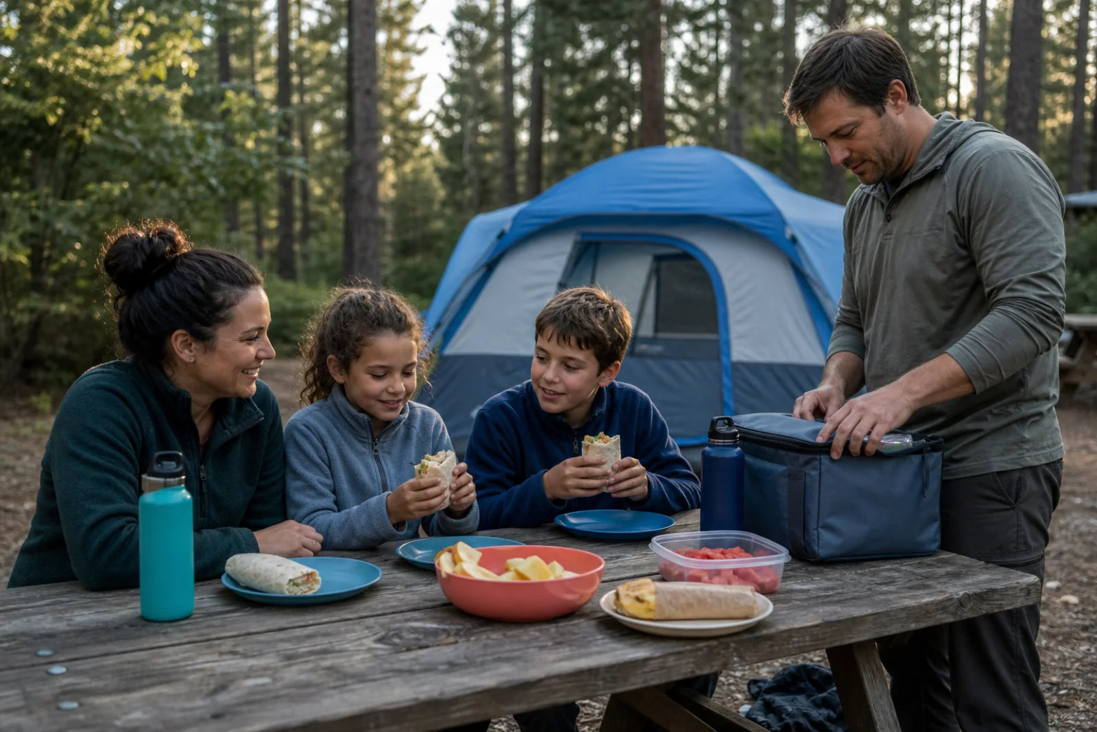 A family shares a simple prepared meal at a campsite picnic table.