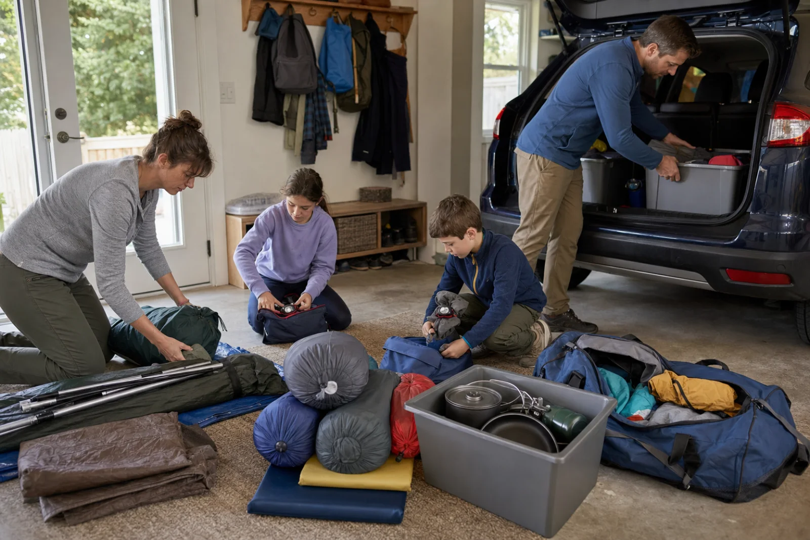 A family organizes shelter, sleeping and kitchen gear before loading the car.