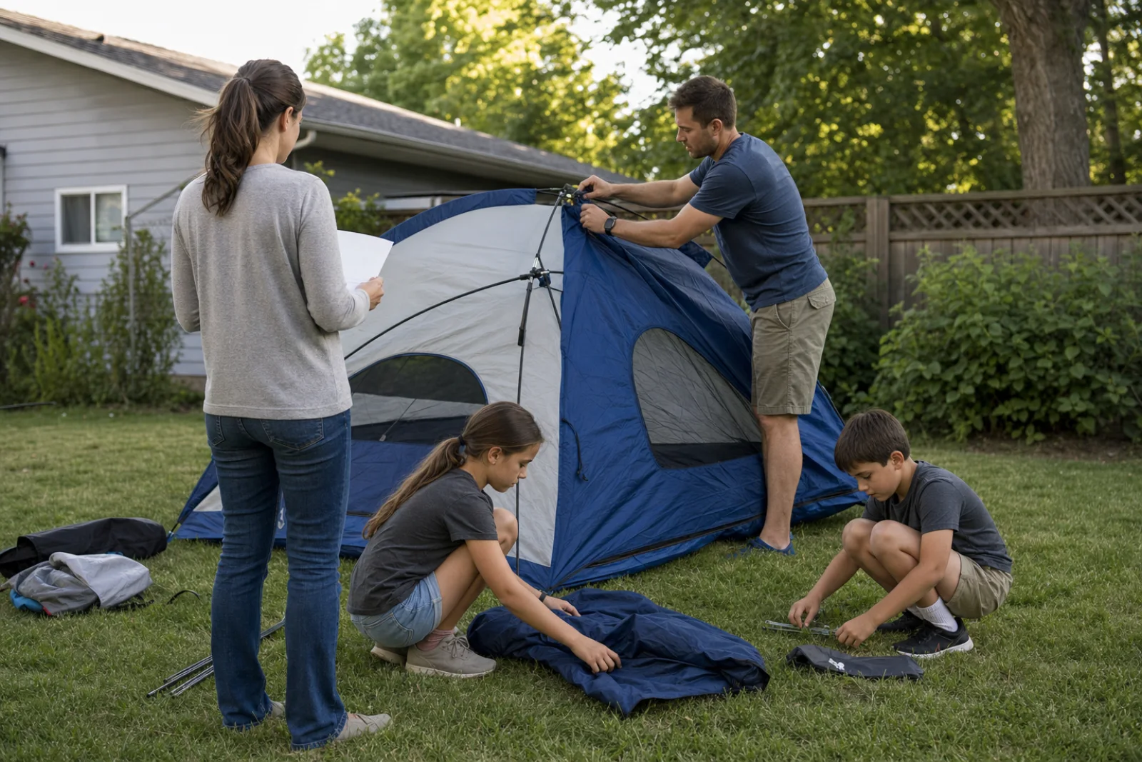 A family practices pitching a blue-and-gray dome tent in their backyard.